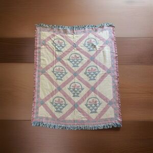 Vintage Pink & Blue Woven Throw Blanket Acorn Pinecone Pattern Fringe Cottage